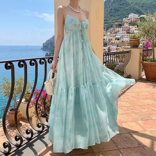 Blue Green Spaghetti Strap Beach Dress Vacation Photo Outfit