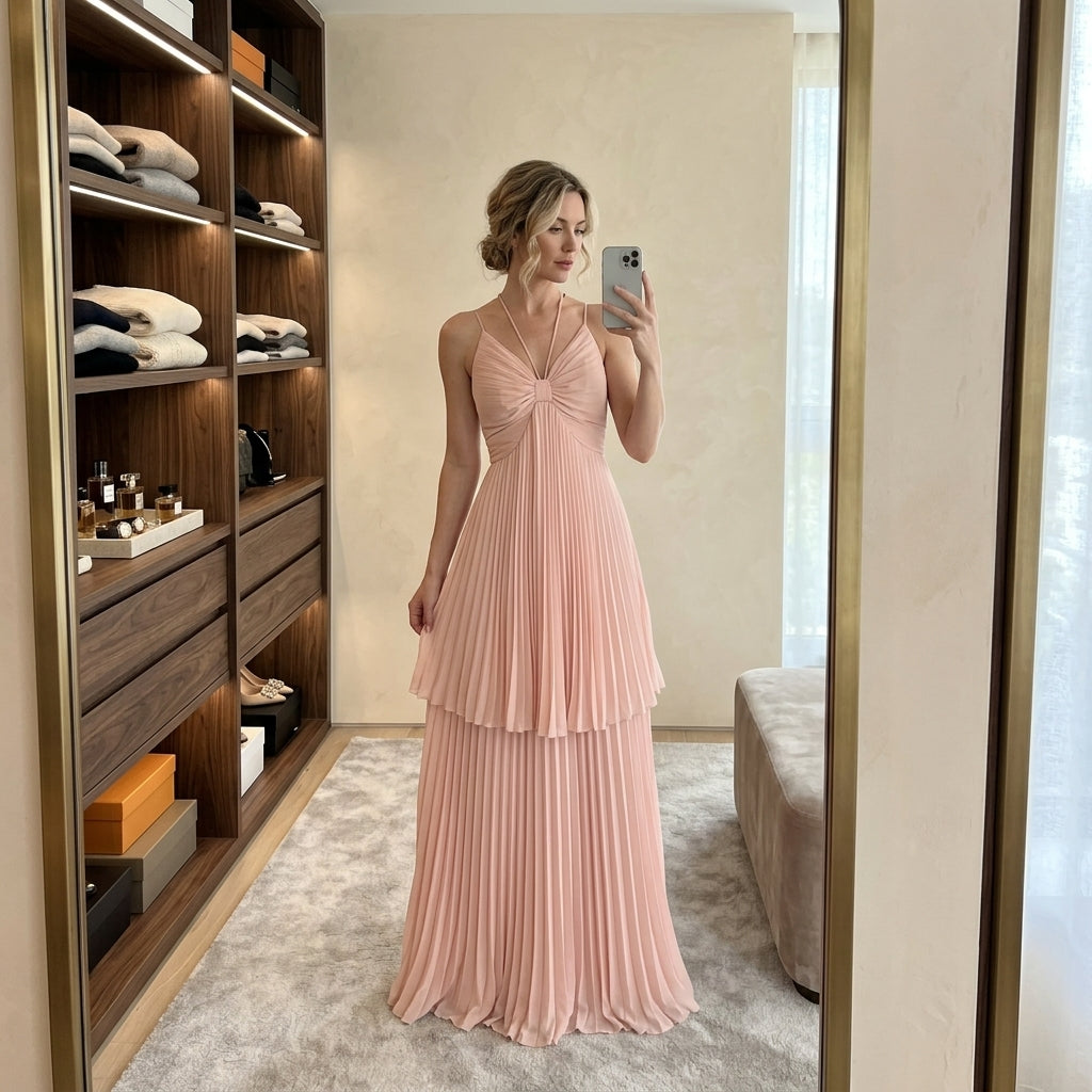 Pink Chiffon Halter Sundress Slim Fit Women Beach Dress